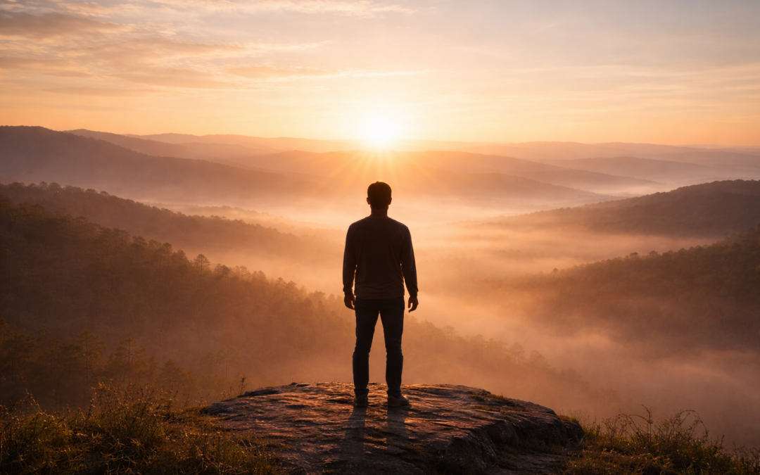 Silhouette d’une personne debout face au lever du soleil au sommet d’un promontoire, symbolisant l’exploration de la conscience et la relation entre l’être humain et la lumière solaire.