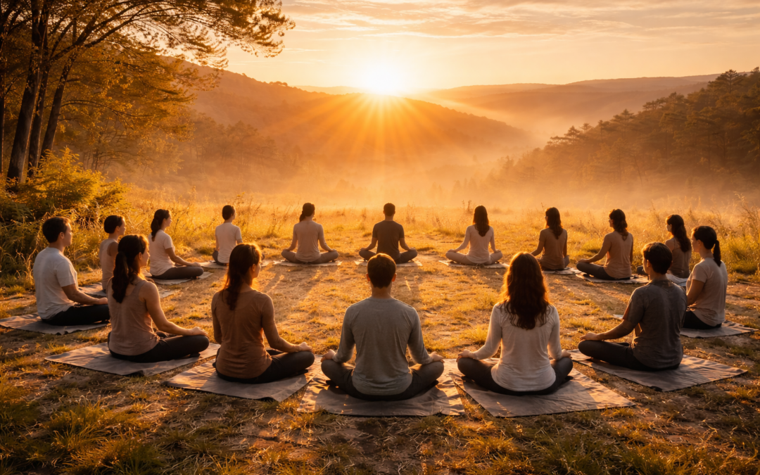 Groupe de participants assis en cercle dans la nature au lever du soleil, illustrant une exploration collective de la conscience lors de la syntonisation du 21 novembre 2024.