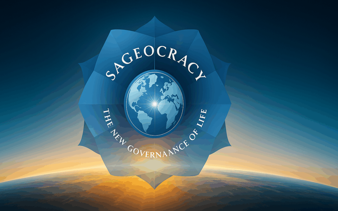 Logo de la Sageocratie au-dessus de la Terre, illuminée par un lever de soleil symbolisant la naissance d’un nouveau paradigme de conscience.
