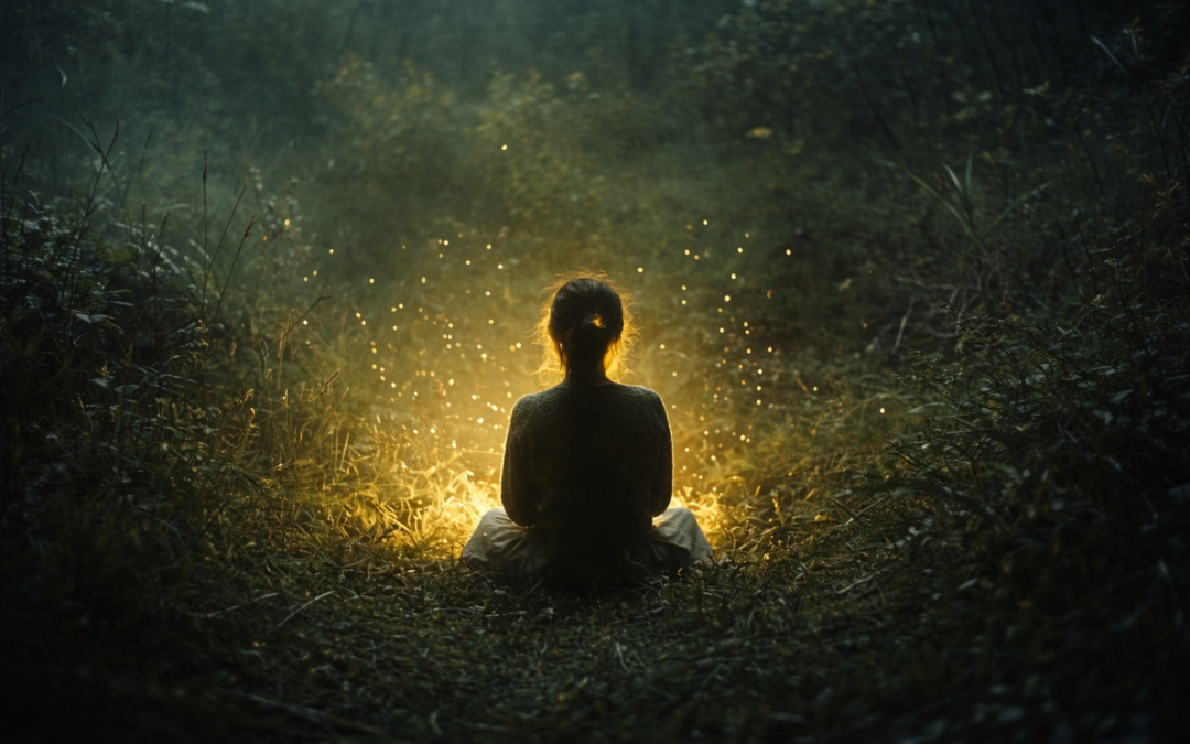 Femme assise en silence dans la nature, baignée d’une lumière dorée symbolisant l’ouverture et la réceptivité à la Présence divine