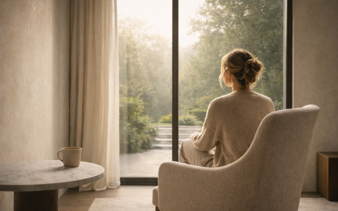 Femme assise dans un fauteuil face à une baie vitrée, baignée par une lumière naturelle douce, dans un intérieur sobre et élégant ouvert sur un jardin paisible