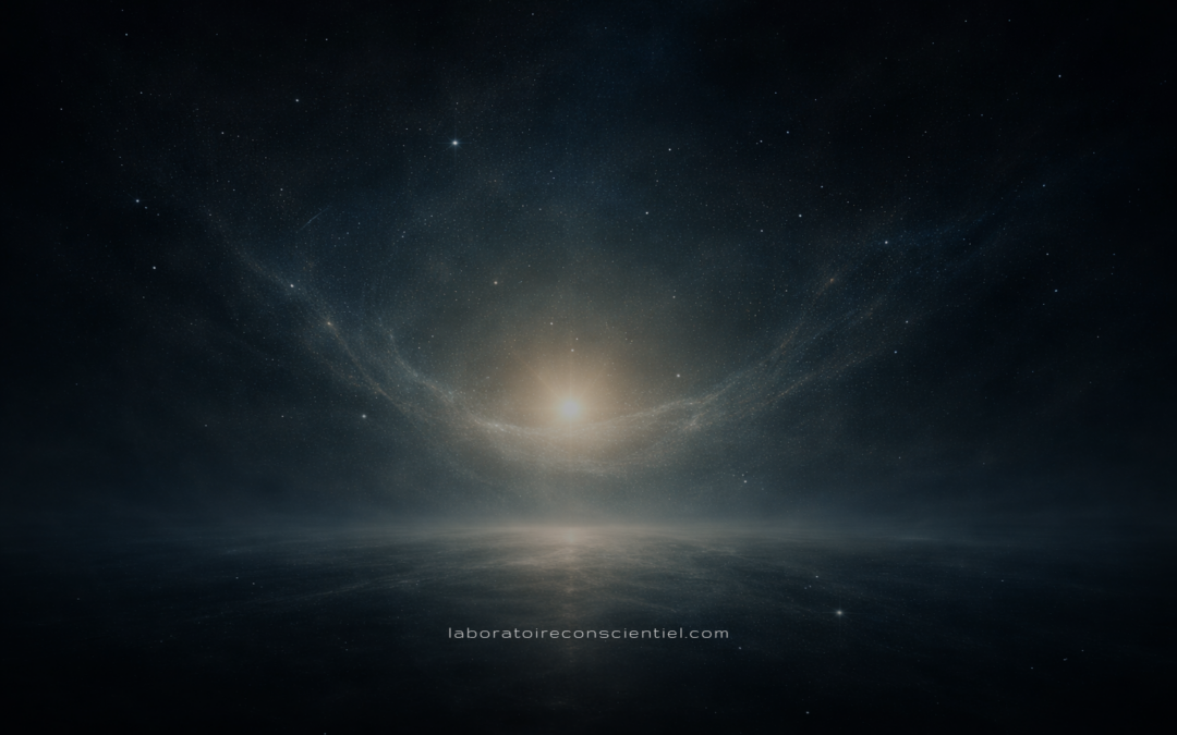 Lumière douce émergeant du vide cosmique, symbolisant la présence silencieuse de la conscience avant toute forme.