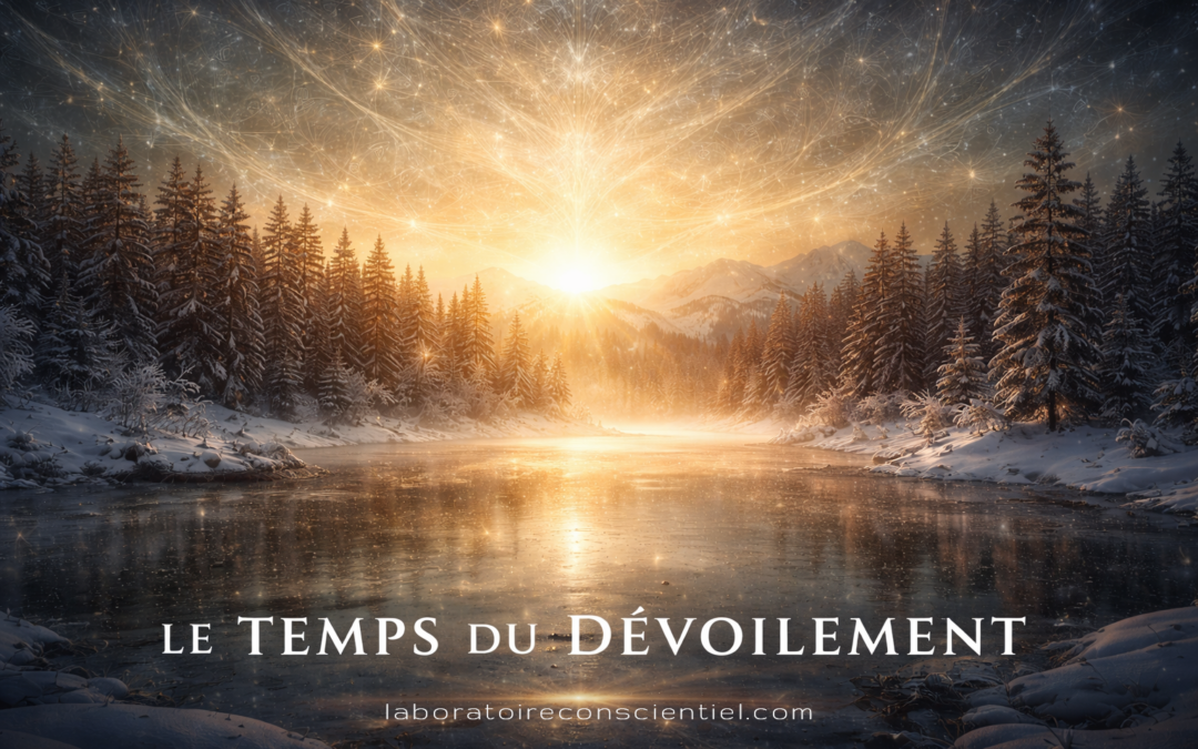 Paysage hivernal au lever du soleil symbolisant le dévoilement progressif de la conscience collective.