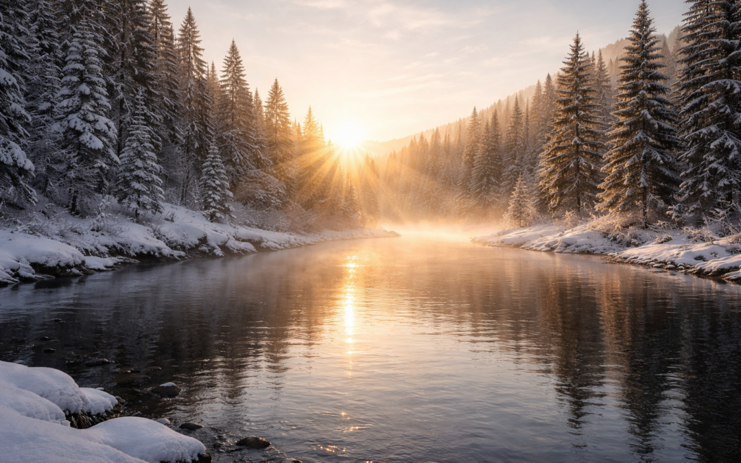 Lever de soleil hivernal sur une rivière calme bordée de sapins enneigés, lumière douce se reflétant sur l’eau dans une atmosphère paisible