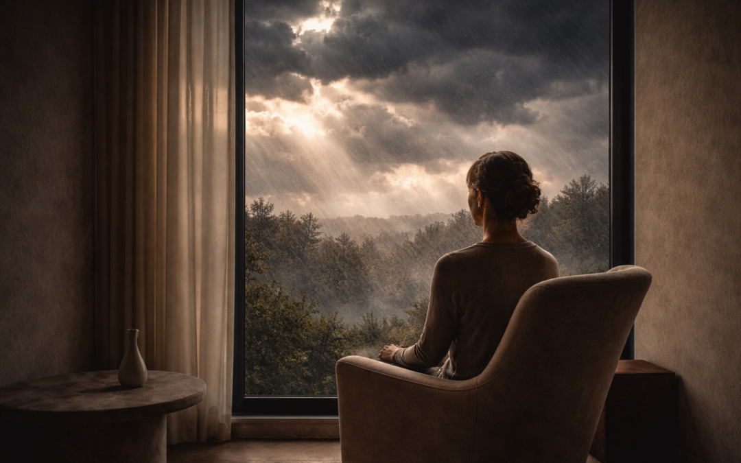 Personne assise face à une fenêtre observant une tempête, symbole de paix intérieure au cœur du tumulte